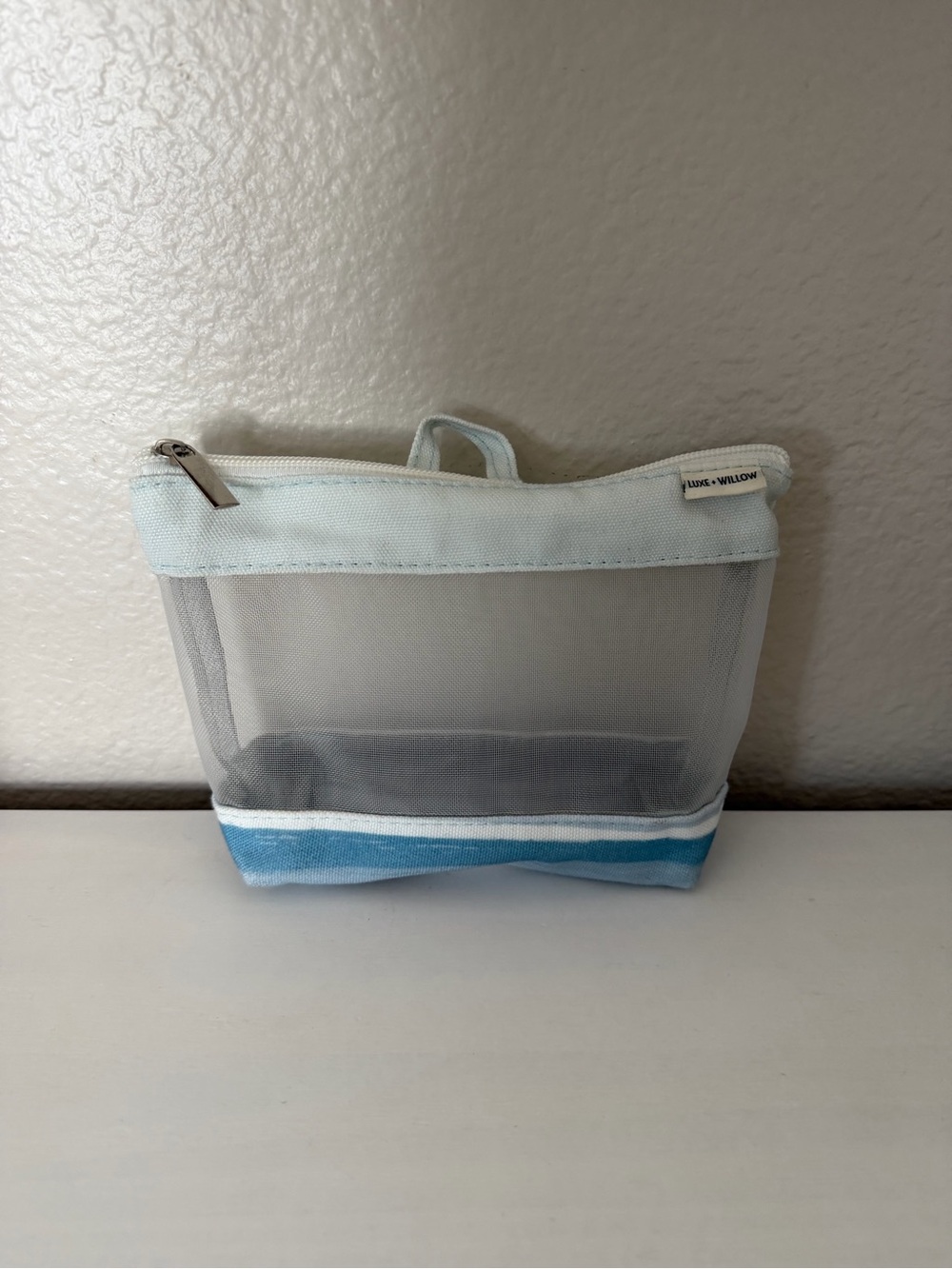 Blue & White Mesh Makeup Organizer Pouch
